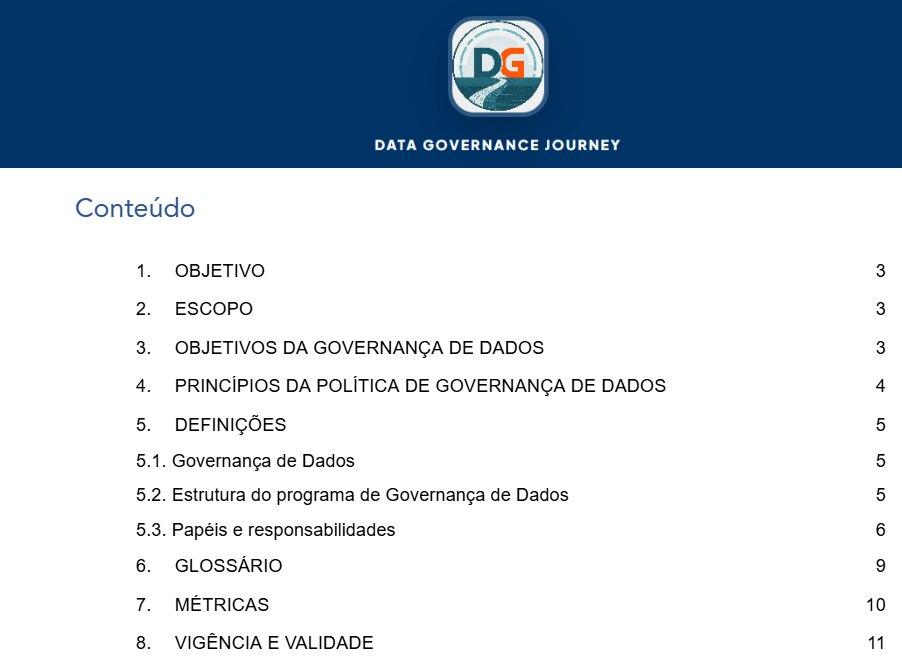 Table of contents of the data governance policy template: purpose, scope, objectives, principles, definitions, roles and responsibilities, glossary, metrics and validity
