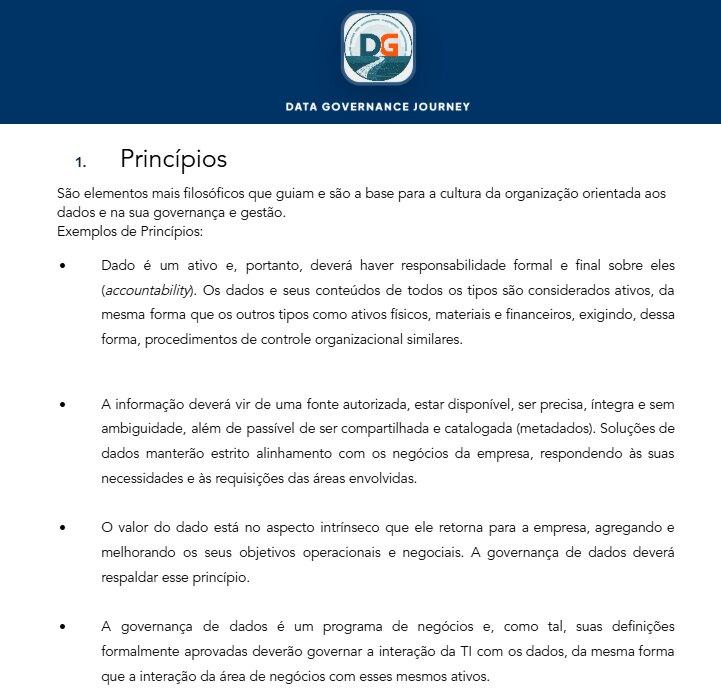 Template page with the data governance principles section: data as an asset, authoritative source, the value of data and governance as a business programme